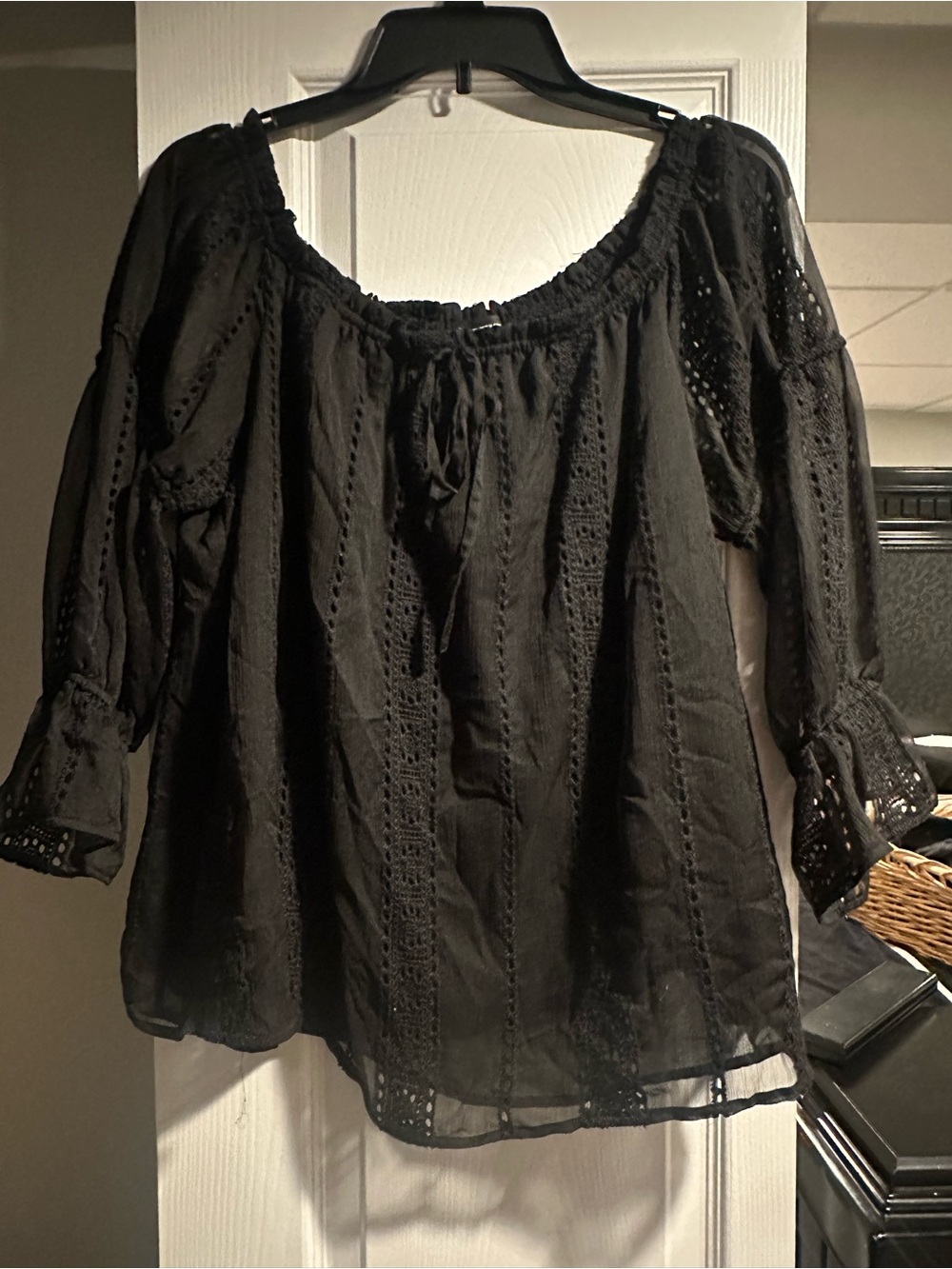 INC International Concepts Black Crochet Peasant Blouse